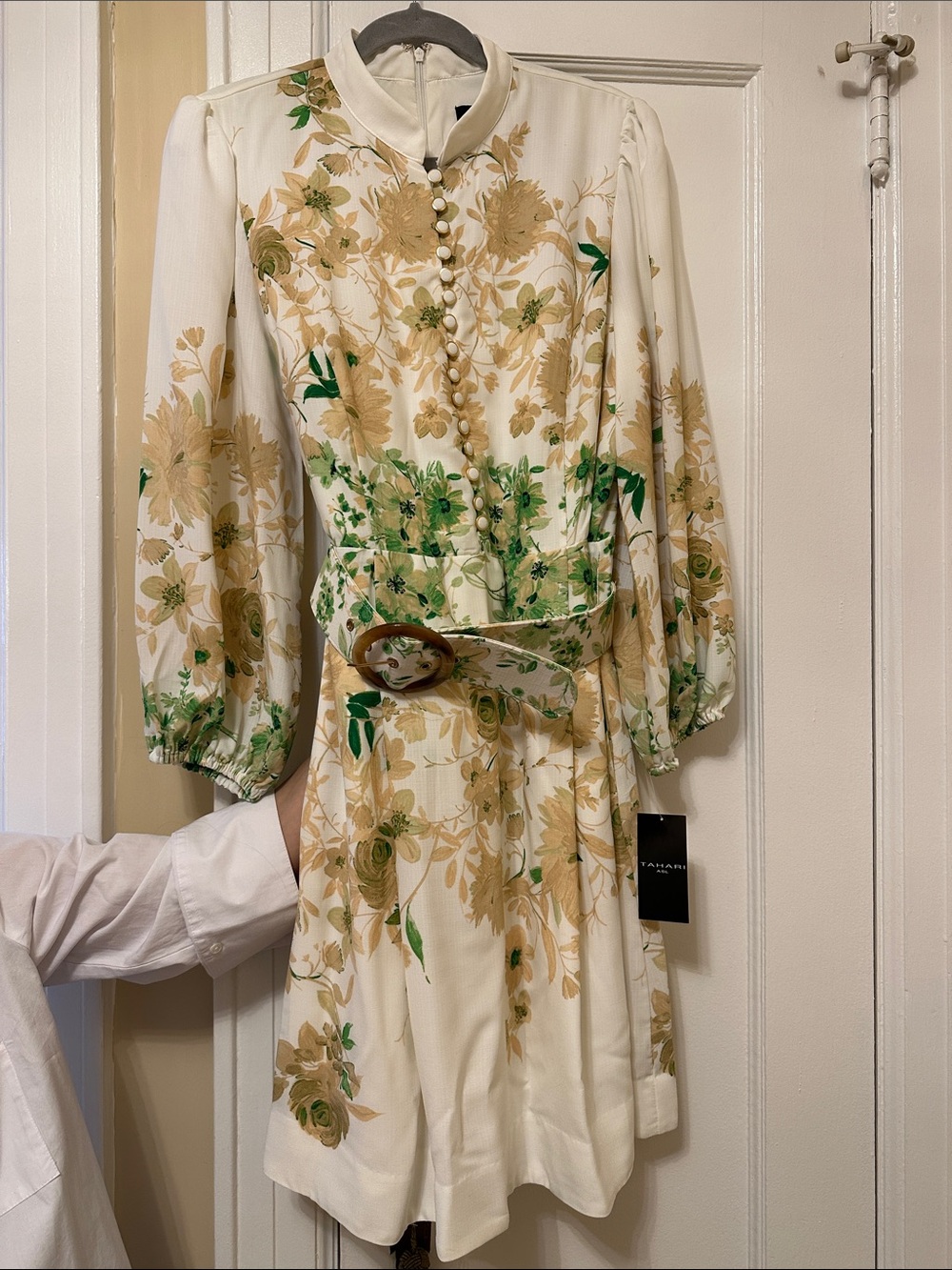 Tahari ASL Cream Floral Belted Long-Sleeve Dress